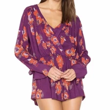 Free People Tropical Floral Print Faux Wrap Tie Sleeve Purple Peplum Blouse XS