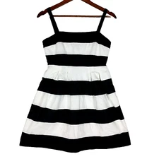 Ann Taylor Loft Dress Women's 2 Petite Black White Striped Linen Blend Beachy