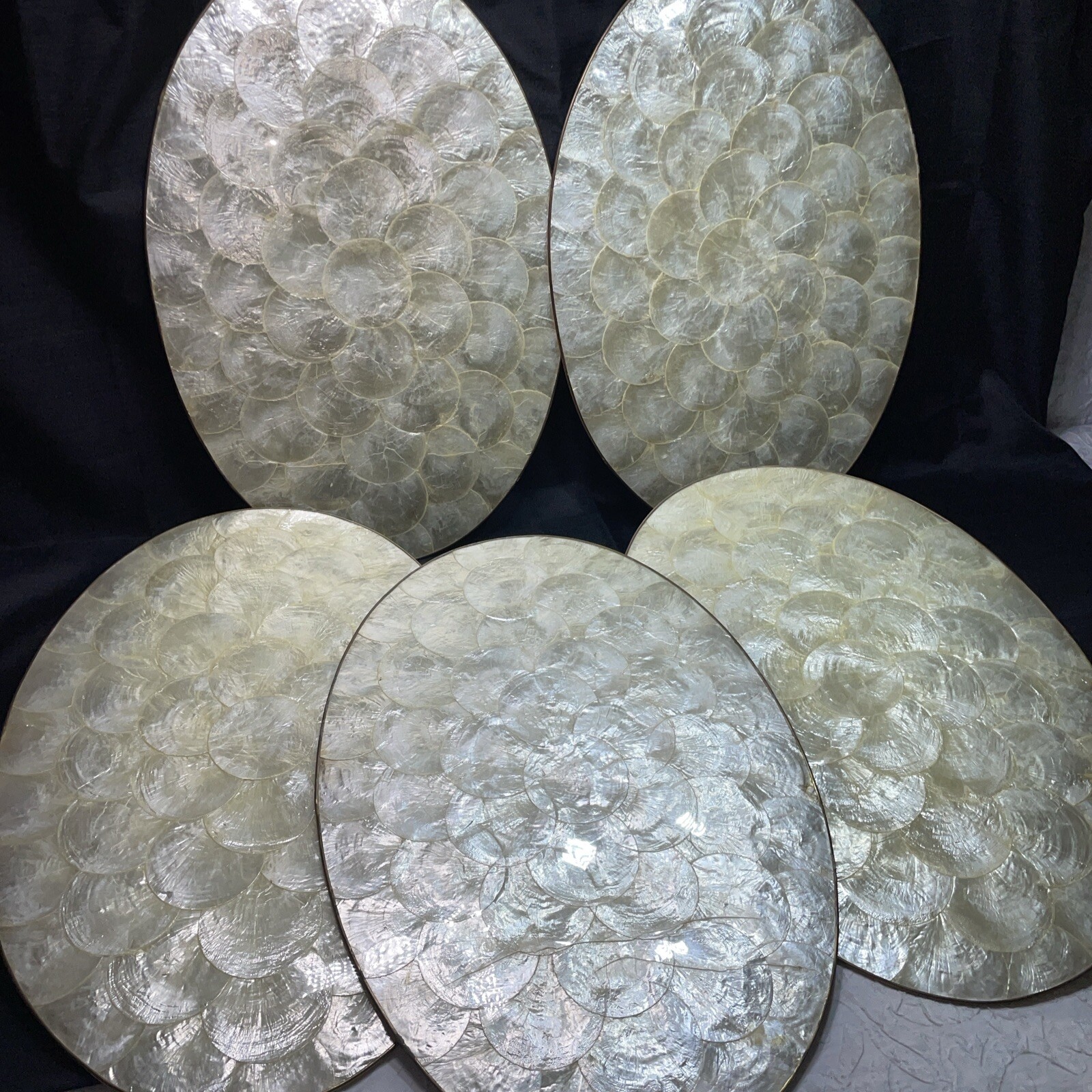 Vtg 13x19” Capiz Shell Mother of Pearl Placemats Set 5 MCM Cork Back