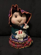 Peruvian Girl Plush Doll W/ Llama. Woven Cloth Costume Textile Dresses