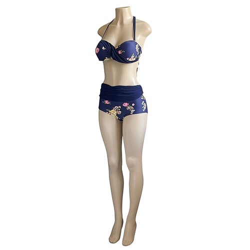 Ensemble bikini taille haute bas maille coupe rétro bleu vif floral torsadé support XL - Photo 1/9