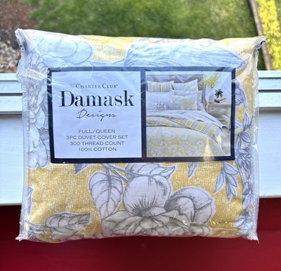 3pc Charter Club Damask Cotton Reversible Floral Stripe QUEEN Duvet Sham Set NIP