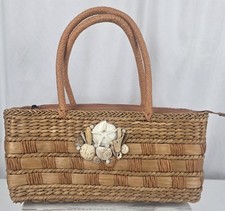 Vintage Skin Woven Rattan Wicker Bag w/Shell Nautical Design Purse