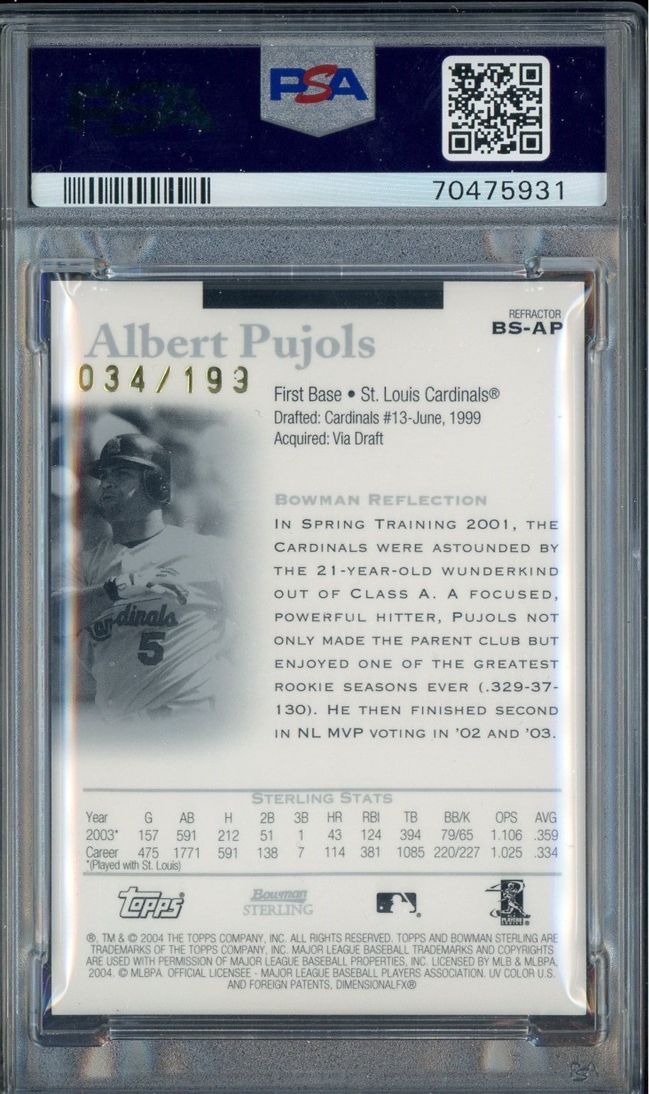 2004 Bowman Sterling Refractor Albert Pujols Cardinals GU Jersey /199 PSA 9 MINT view 2