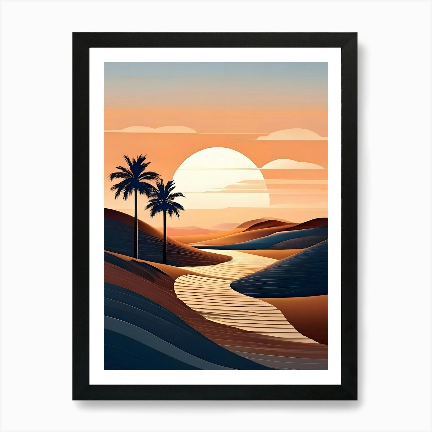 Desert Landscape With Palm Trees Framed Wall Art Canvas Print