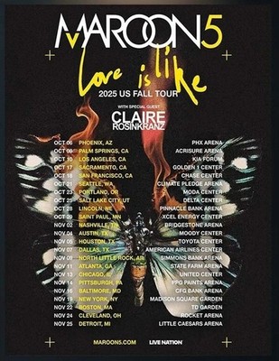 Maroon 5 Love Is Like 2025 US Fall Tour Cities Dates Home Decor Poster