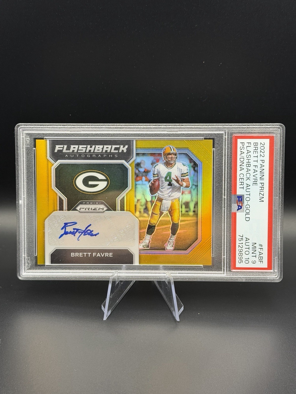 2022 Panini Prizm Brett Farve Prizm Flashback Gold Auto SSP #/2 PSA 9 AUTO 10 view 1