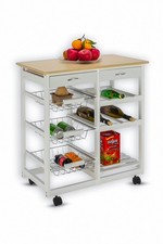 Wooden Kitchen Trolley Island Dining Cart Worktop Basket Storage In Grey & White