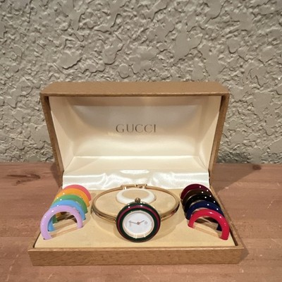 Gucci Change Women s Gold Tone Quartz Bangle Watch w/ Interchangeable Bezels Box