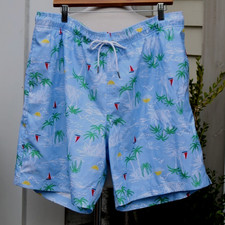 Lands' End Blue Sailboat Tropical Print Drawstring Swim Trunks Bathing Suit XL