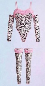 Sexy Pink Leopard Thong Back Teddy Faux Fur Trim 5pc Lingerie Set XL NEW
