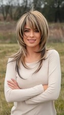 Brown with Blonde Highlight Layered with Bangs 100 Human Hair Lace Front Wigs
