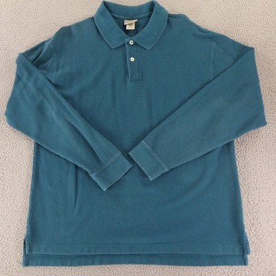 LL Bean Shirt Mens L Blue Long Sleeve Polo Cotton Regular Fit Pique