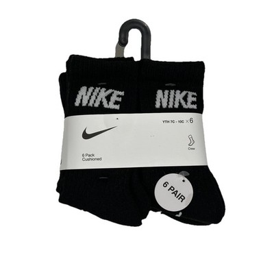 Nike 6-Pair Unisex Kids Crew Socks Size 7C-10C Black Cushioned