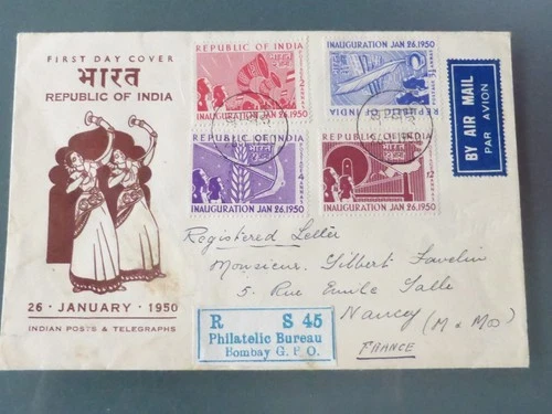 INDIA 1950 INAUGURATION ILLUSTRATED FDC WITH INTERESTING DHAR CINDERELLA TO REAR