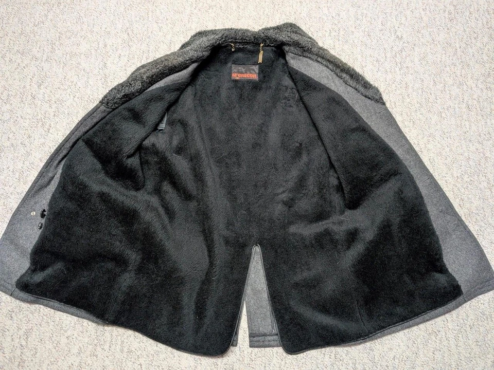 vintage 1960s overcoat SHERPA faux mouton fur 42 gray FLANNEL wool 1970s jacket - Image 3 of 4