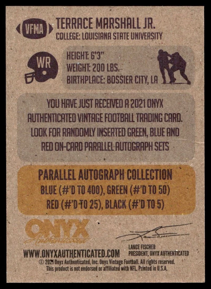 2021 ONYX Terrace Marshall Jr. Rookie Carolina Panthers #VFMA - Image 2 of 2