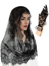 2 Pcs Lace Veil Church Mantilla Catholic Veil Gloves Black