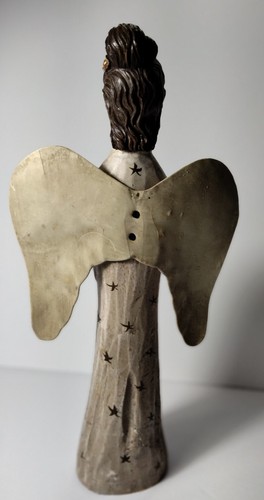 Wooded Angel Figurine With Stars 11 3/4" Tall Her Wingspan Is 5 3/4" - Picture 4 of 14