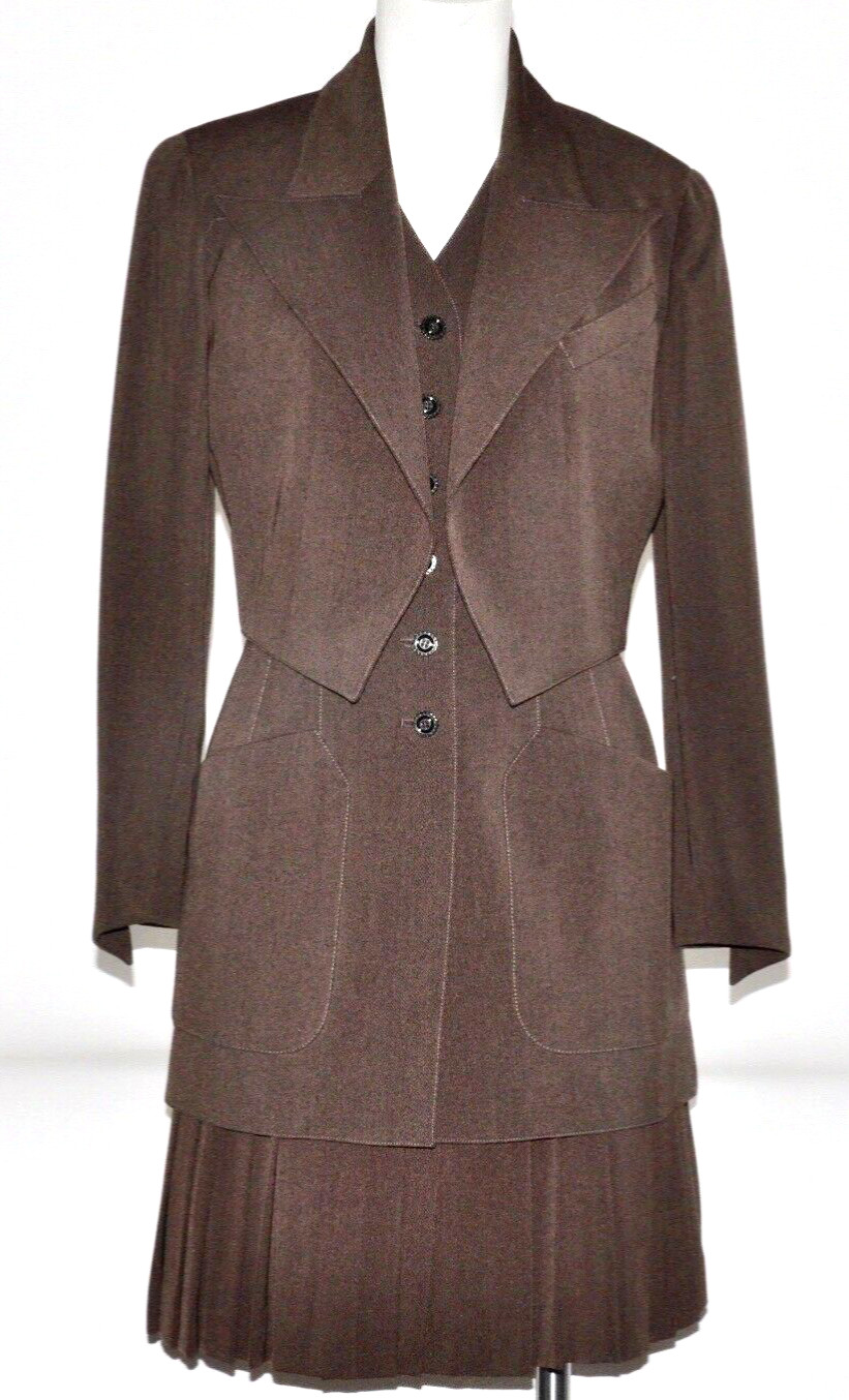VNTG Karl LAGERFELD Couture  Brown Wool & Silk 3 Piece Ensemble FR Sz 36