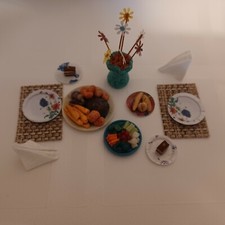 Miniature Dollhouse accessory lot Food roast bread vegetables dessert Flowers