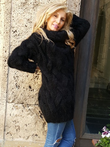 Hand Knitted Mohair Sweater Unisex Thick Fuzzy Jumper BLACK by Touch of Mohair - Picture 6 of 6