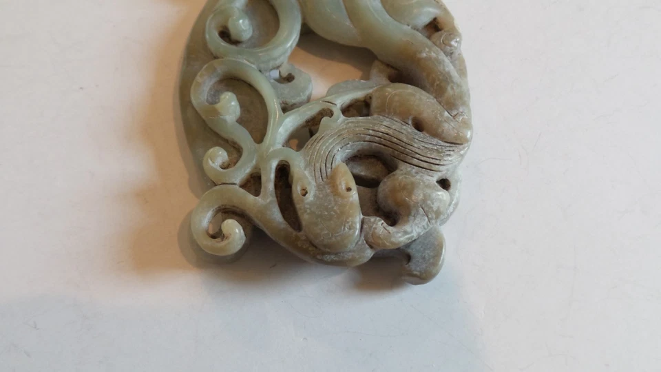 Dragón de jade chino tallado a mano inusual y amuleto de fénix   Foto 3 de 4