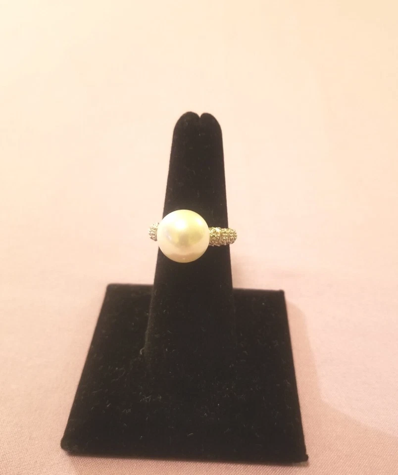 Pearlfection 12mm White Simulated South Sea Pearl Ring With CZ's. Sz-7 (Other) - Image 3 of 4