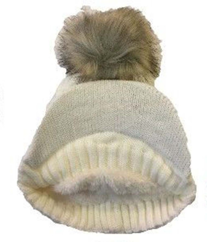 Fur Pom Pom Visor Beanie Hat - Stretchy Knit Skully Cap With Sun Visor Bill For Winter & Ski (Made In Korea)