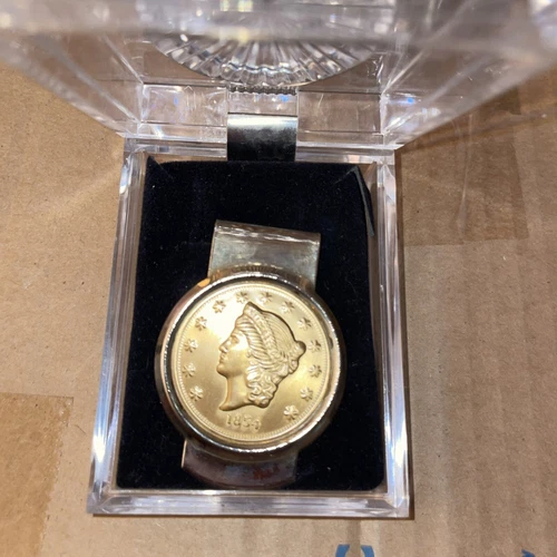 Vintage Gold Plated Money Clip With Kellogg & Co. 1854 Liberty Head Faux Coin