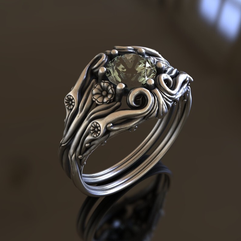 Antique floral engagement ring in vintage sterling silver handmade design-image