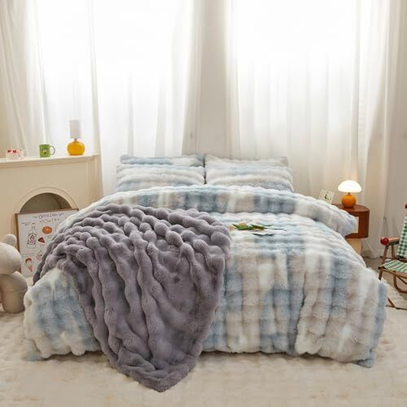 Kids Girls Rabbit Plush Comforter Sets 3PC Faux Fur Bed Set King Blue