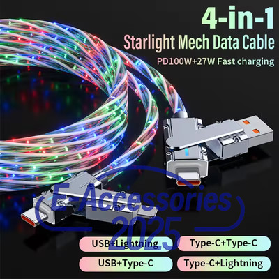 4 in 1 USB Tpye-C Starry Sky LED Multicolor PD100W Fast Charging Cable