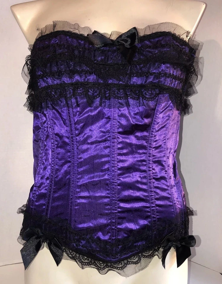 VTG Shirley Of Hollywood Purple Satin Black Bow Lace Ribbon Bustier Corset Sz M - Image 2 of 4