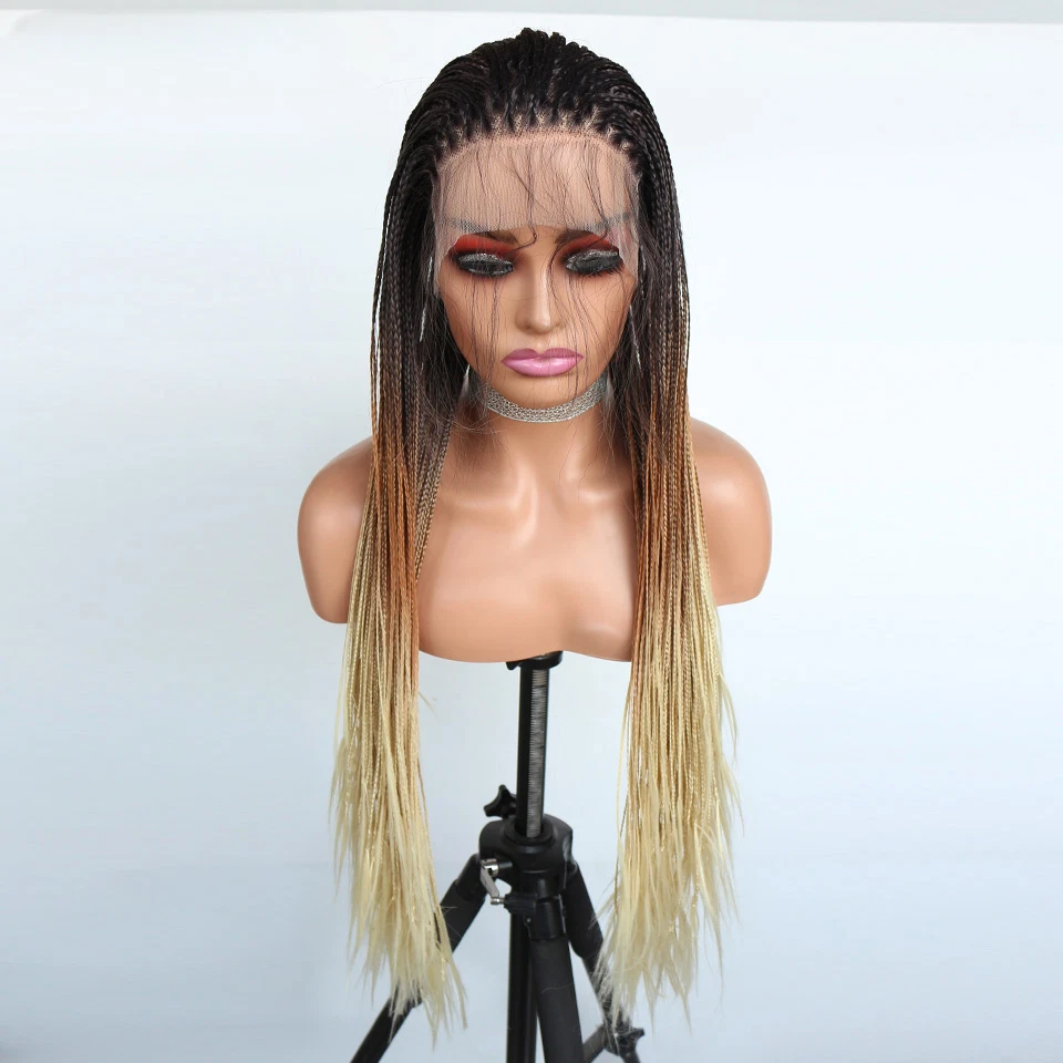 Pelucas trenzadas de color de 3 tonos peluca de encaje sintético de fibra de alta temperatura para mujer Foto 2 de 4