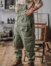 Men Retro Loose Overalls Cargo Pants Multi-Pocket Bib Suspenders Trousers