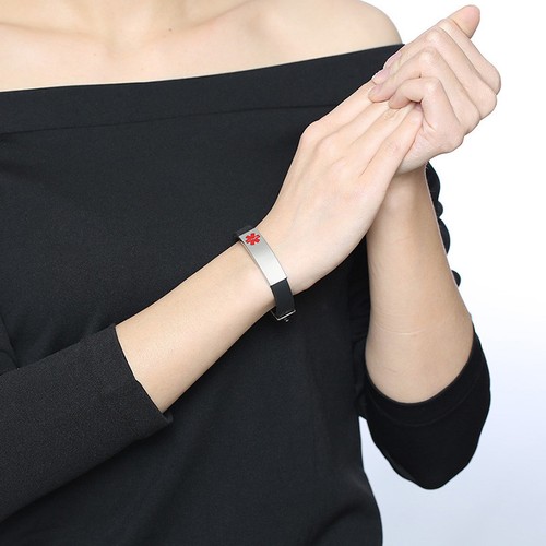 Men Women Medical Alert ID Bracelet Adjustable Black Silicone Wristband Bangle - Picture 9 of 28