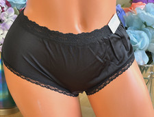 525 COTILLION Small BLACK Hi Shine SATIN All Nylon Lace Trim Brief Panty NWT VTG