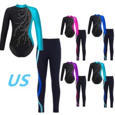 Girls Rhinestones Leotard with Leggings Sets Dancewear Gymnastics Tracksuit
