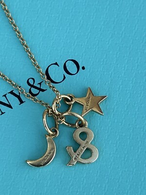 Tiffany Co 18K Gold Love You To Moon Stars Pendant Necklace 16 18 Chain RARE