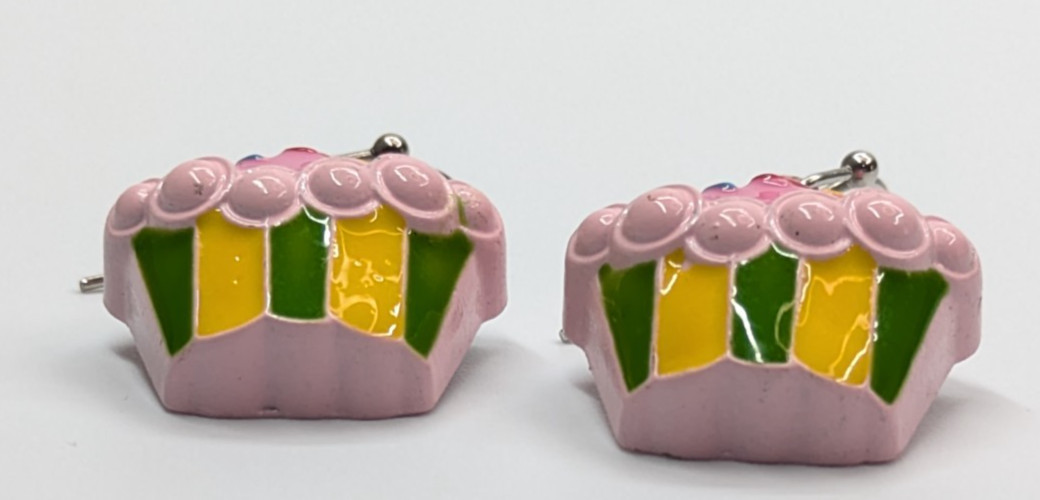Metal Enamel Pink Frosted Cupcake w/Sprinkles Drop Earrings 1.25" Bakery CUTE! View 3