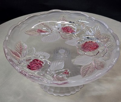 Vtg Soga Glass Small Cake Plate With Red/Frosted Rose Raised Pattern E47N-10