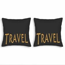 Set of 2 Modern Black Throw Pillow Covers 18x18in with Bold Golden ' TRAVEL ' 