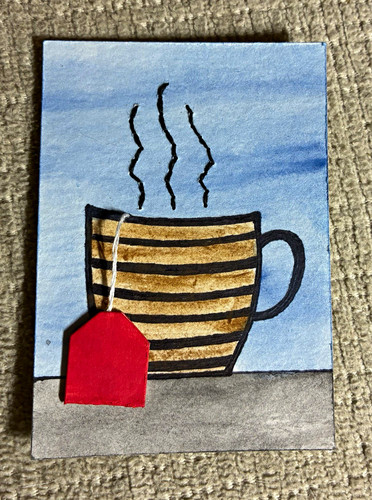 ACEO Original “Tea Time” Embroidered Watercolor Movable Tag Signed 2026