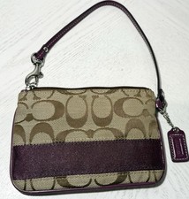 Coach Signature Khaki Plum Jacquard Canvas Wristlet Purple Stripe Y2K EUC