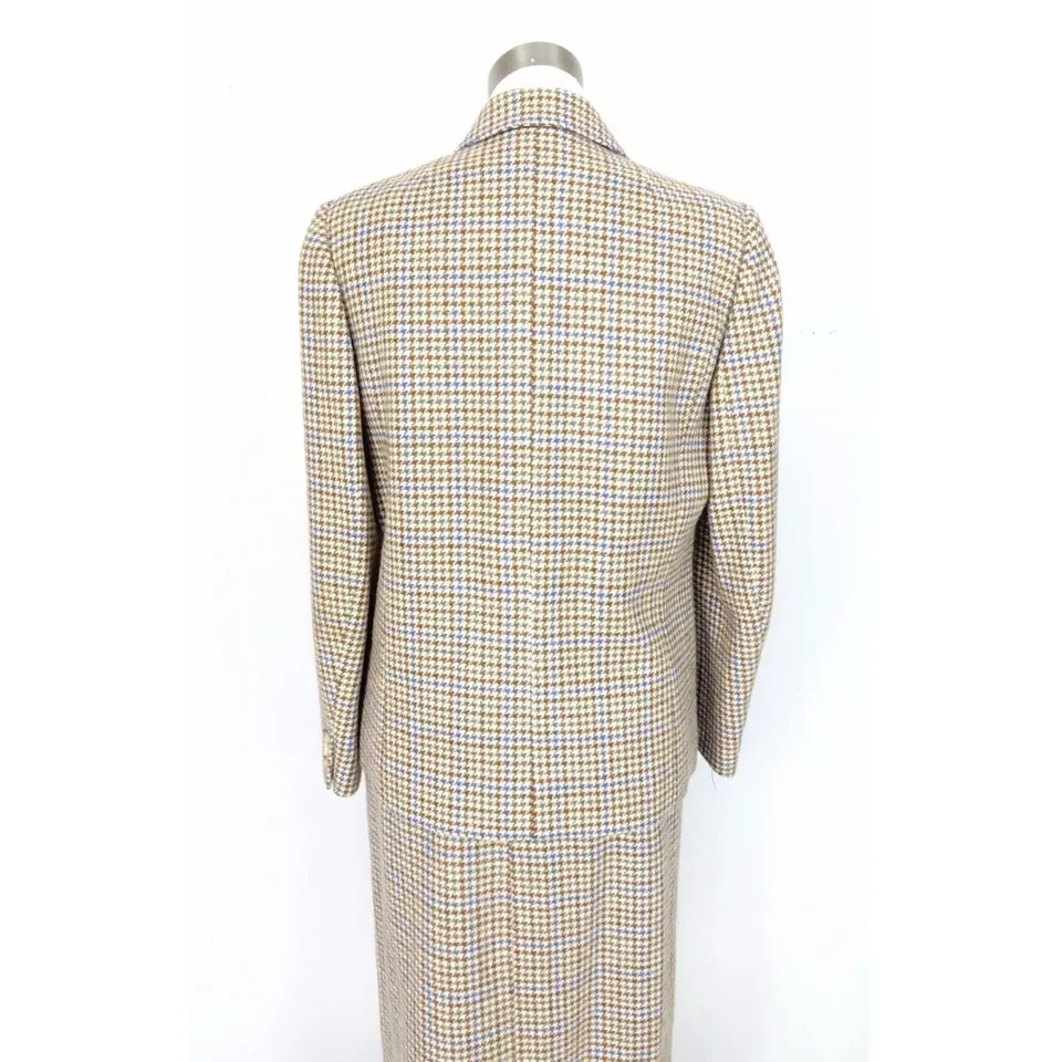 Hermes Mujer Años 70 Marrón Lana Cuero Cuello Botón Falda Traje 4k EE. UU. 14~16 talla Foto 2 de 4