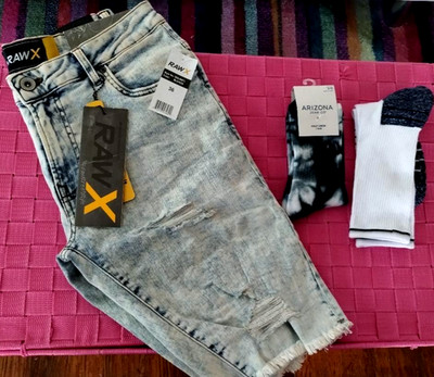RAW X Shorts Men's Bleached Ripped Denim STRETCH Style - SZ 36 w/Socks!!