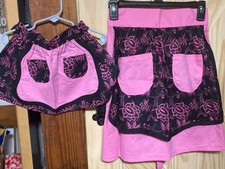 NEW Handmade Hot Pink  Black Printed MOMMY  ME Half Aprons W/2 Pocket