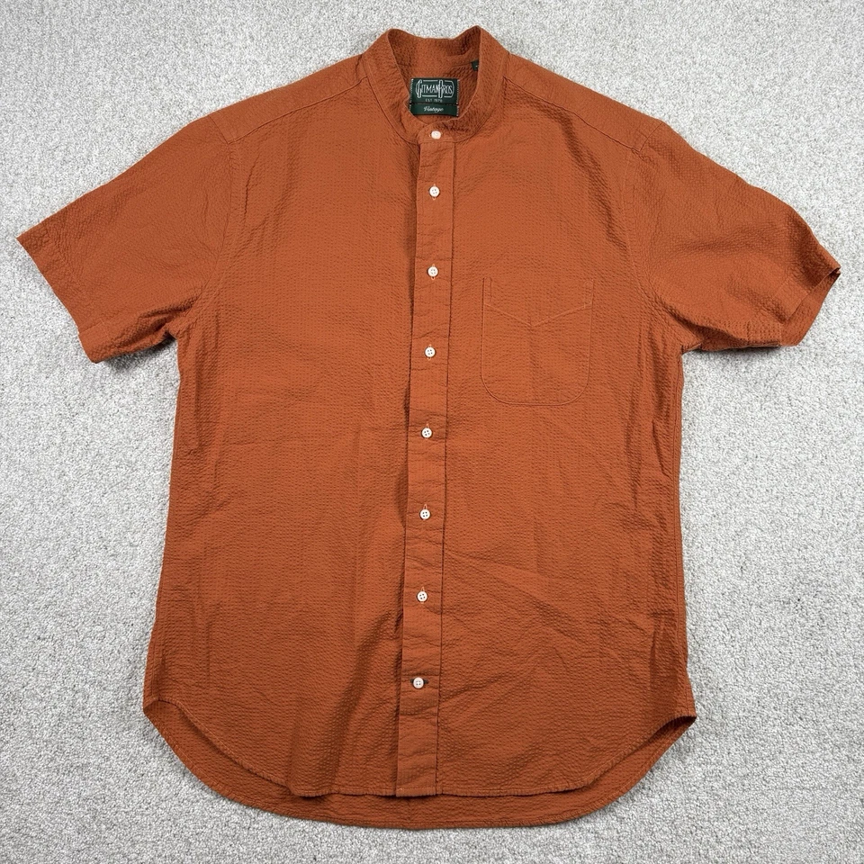 Gitman Bros Vintage Shirt Mens Large USA Made Band Collar Seersucker Orange - Image 2 of 4