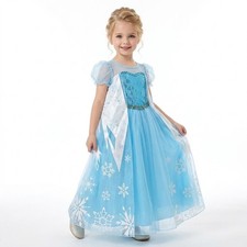 Girls Elsa Frozen Princess Costume Dress Ice Blue Sequin Tulle Snowflake
